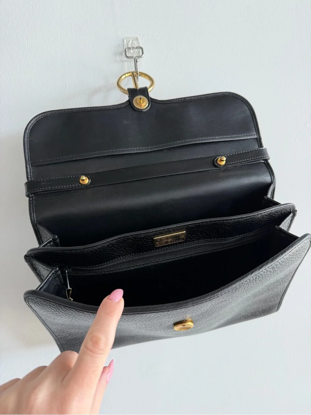 Vintage Dior Black Pebbled Leather Top-Handle Satchel with Gold Ring